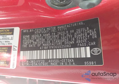 2012 Toyota Camry Se z USA, uszkodzony, nr VIN 4T1BF1FK3CU525083